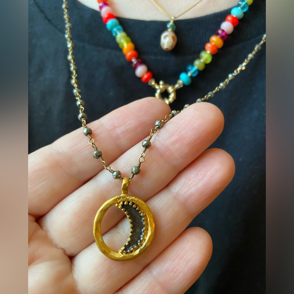 Gorgeous Satya Celestial Collection Sun/Moon Pyrite Beaded Necklace